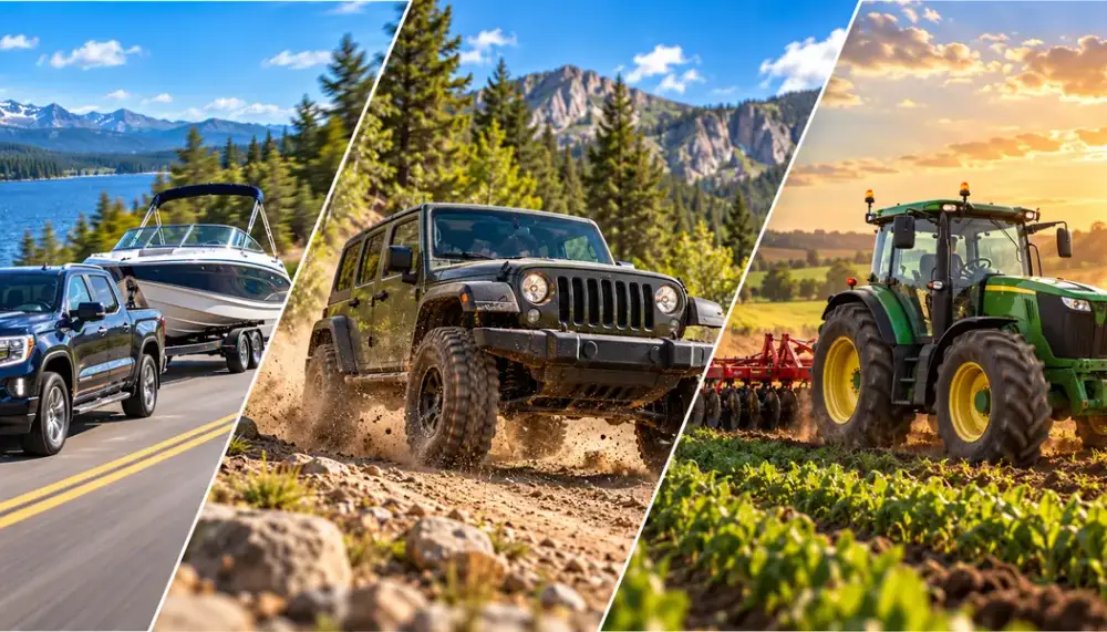 Pinailer brand cover collage of hitch pins in use with truck and boat, off-road Jeep and tractor scenes.