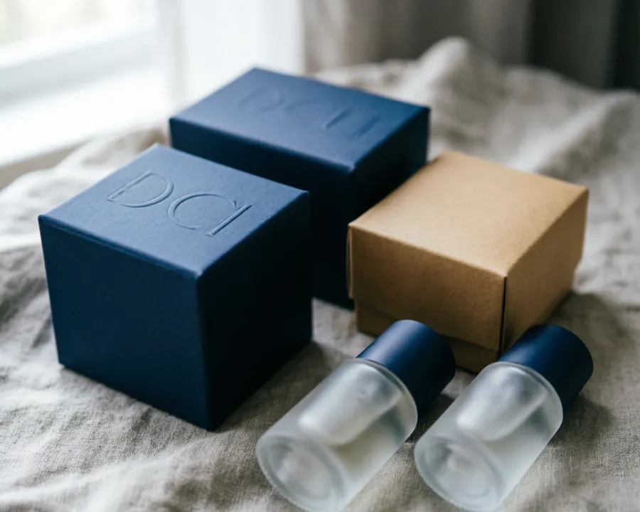 Navy and kraft private label packaging with frosted serum bottles