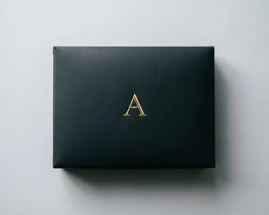 Matte black mailer box with gold foil monogram